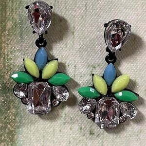 Fun Rhinestone and Yellow, Green and Blue Faux Stone Drop Earrings!
